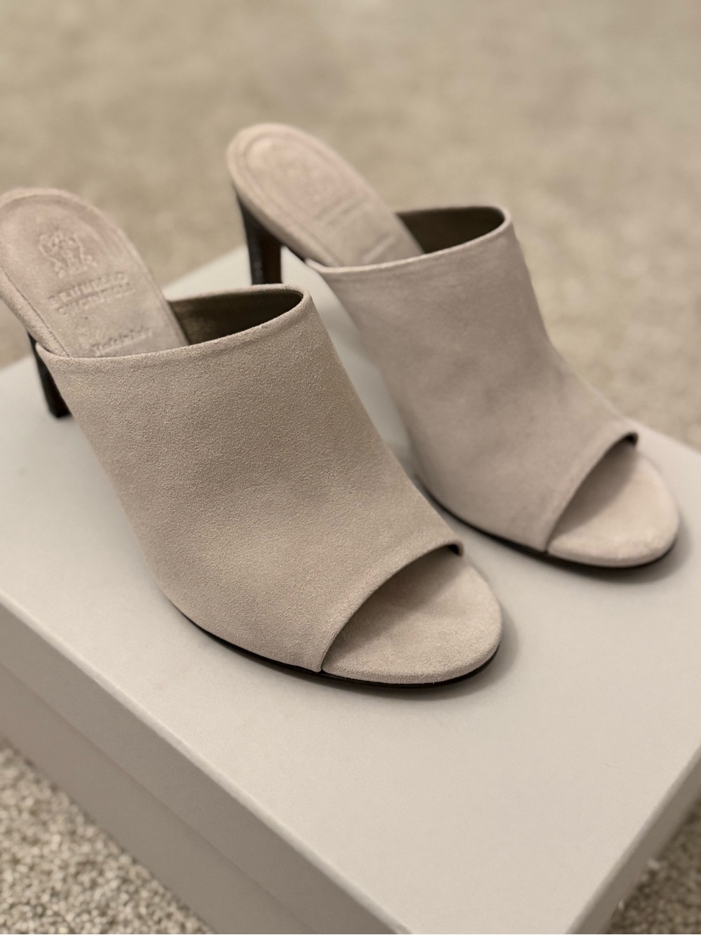 Brunello Cucinelli Suede Open-Toe Mule Heels in Light Taupe